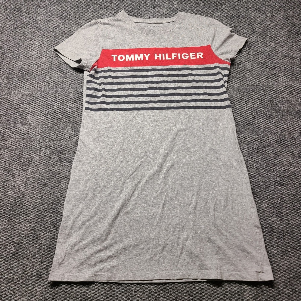 Tommy Hilfiger T-Shirt Dress Womens M Gray Striped Spellout Logo Casual Summer